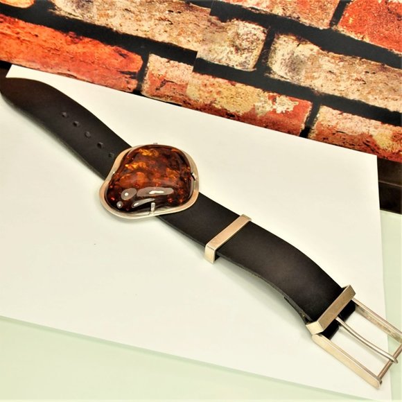 SUPER HUGE AMBER STERLING LEATHER RARE BRACELET 9 BY AMBERMODA UNISEX - Picture 15 of 16